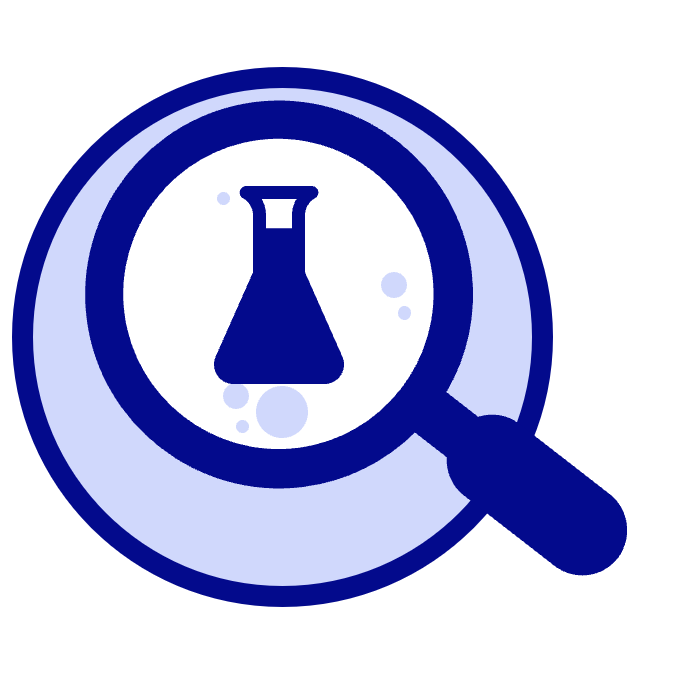 Symbol: Lupe über einem Laborkolben