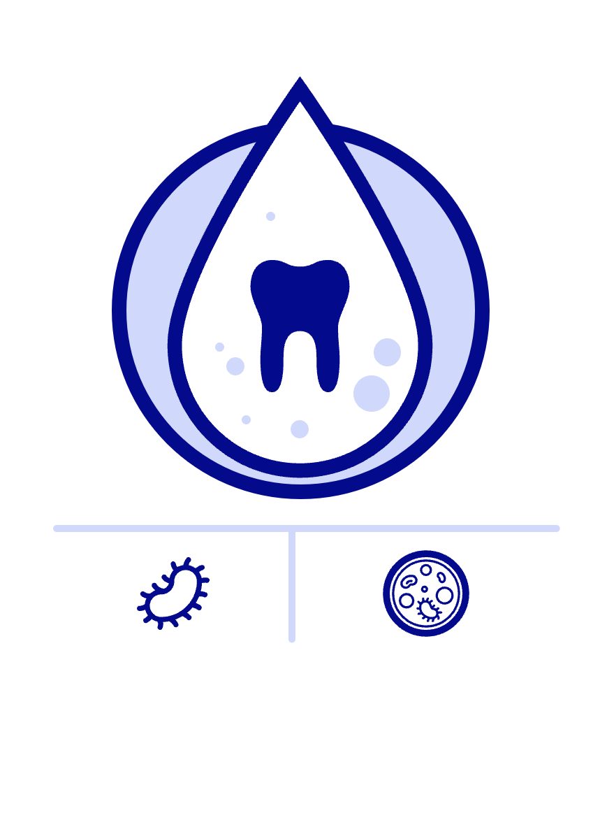 Paket Dental Basis: Zahn in einem Wassertropfen, darunter Symbole für Legionellen und Koloniezahl