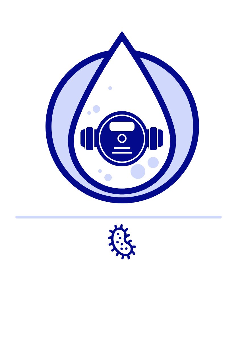 Paket Wasserzähler-Analyse: Wasserzähler in einem Wassertropfen, darunter ein Symbol für Pseudomonas aeruginosa