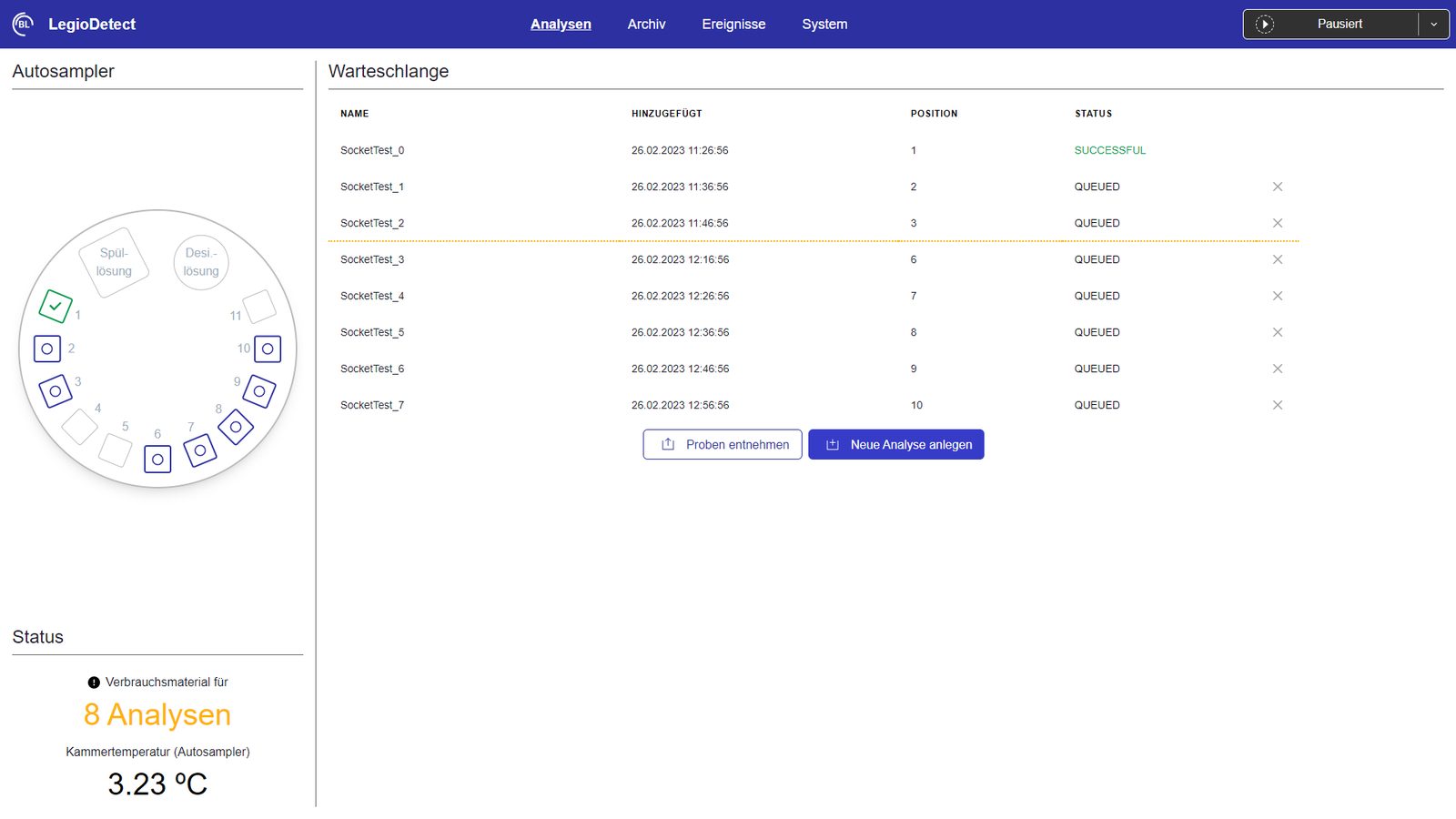 Browseroberfläche der Software mit Autosampler-Belegung, Warteschlange der Analysen und Gerätestatus