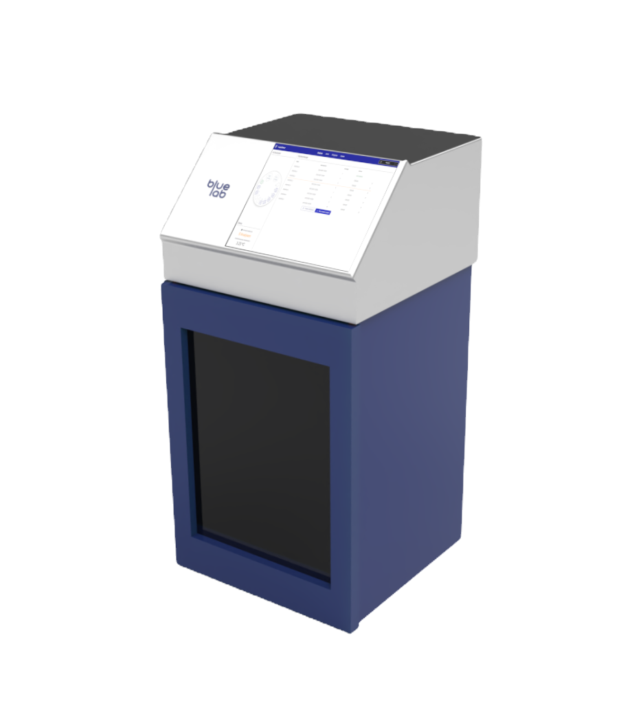 Darstellung des BlueLab PRO: Tischgerät mit Bildschirm und blauem Gehäuse